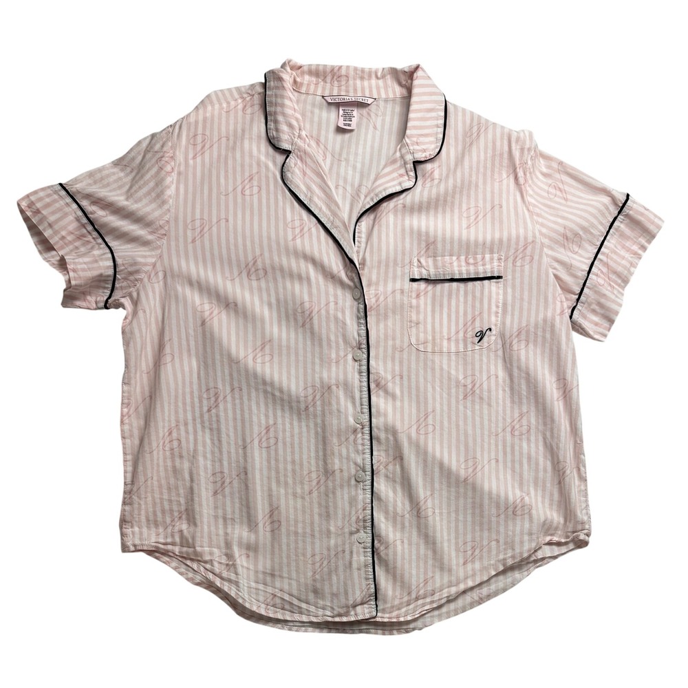 Victoria's Secret Pink Stripe V Logo Pajama Top Short Sleeve Button Up Sleepwear